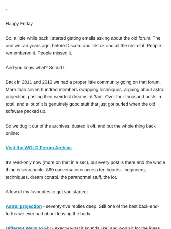 New Content Fridays - the old WOLD forum is back (by popular demand)