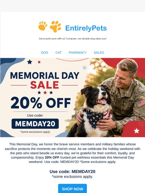 Celebrate Memorial Day with 20% OFF 🐾🎉🎈