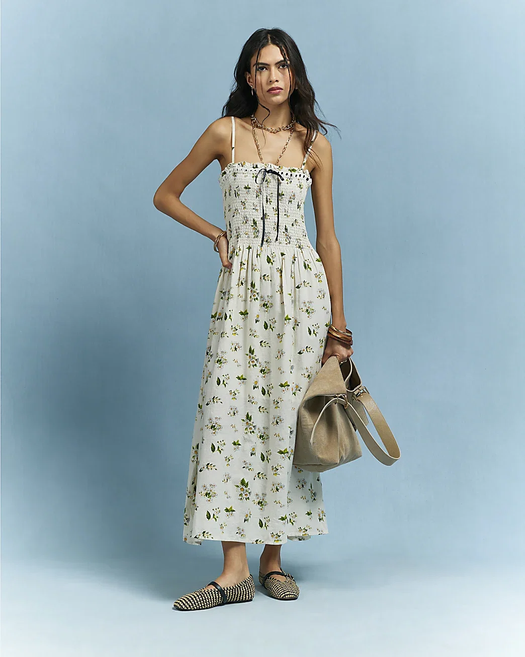 Womens Cream Cotton Daisy Shirred Midi Dress