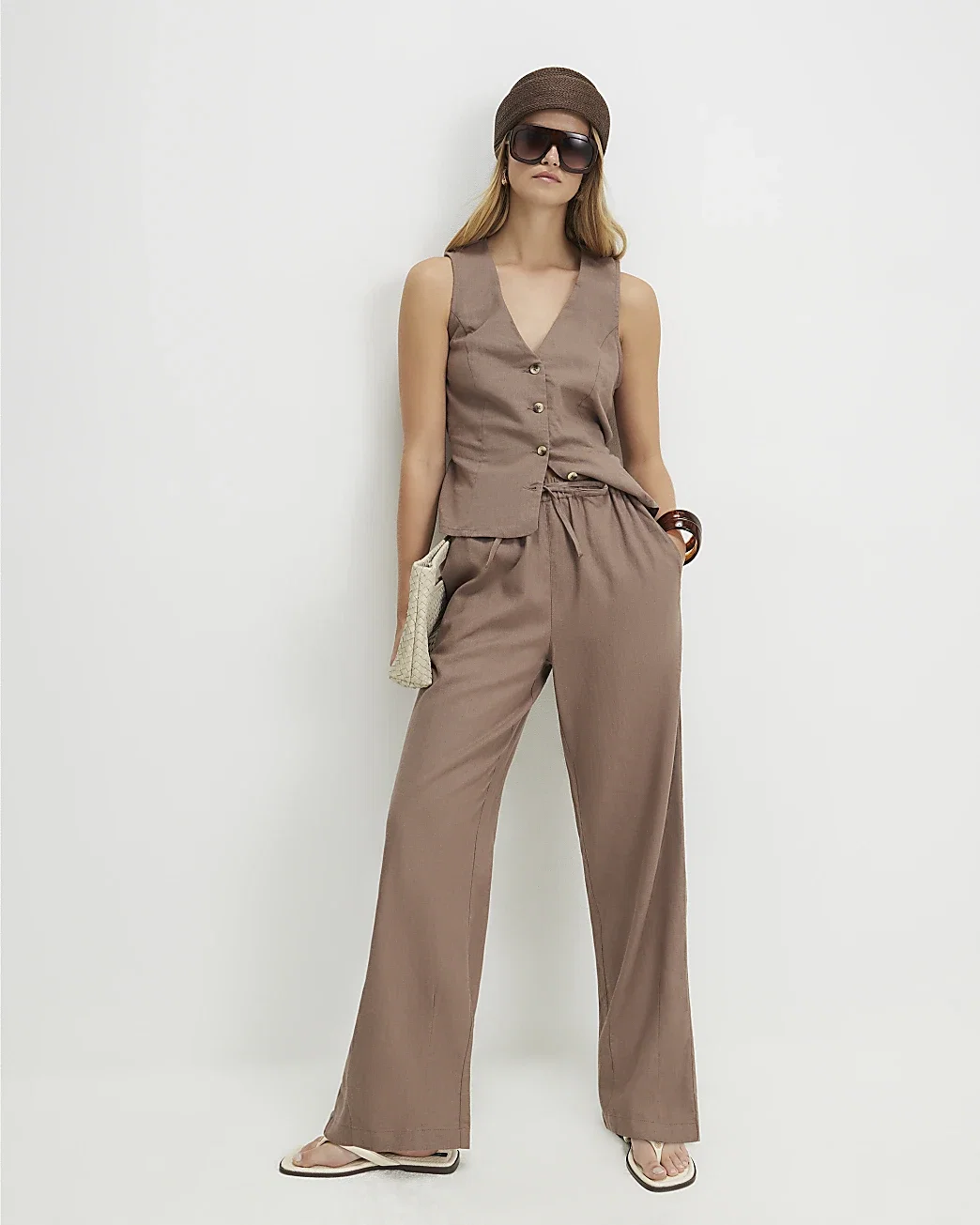Womens Beige Linen Blend Tapered Trousers
