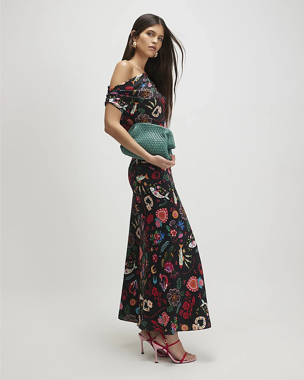 Womens Black Satin Printed Asymmetric Maxi Dress
