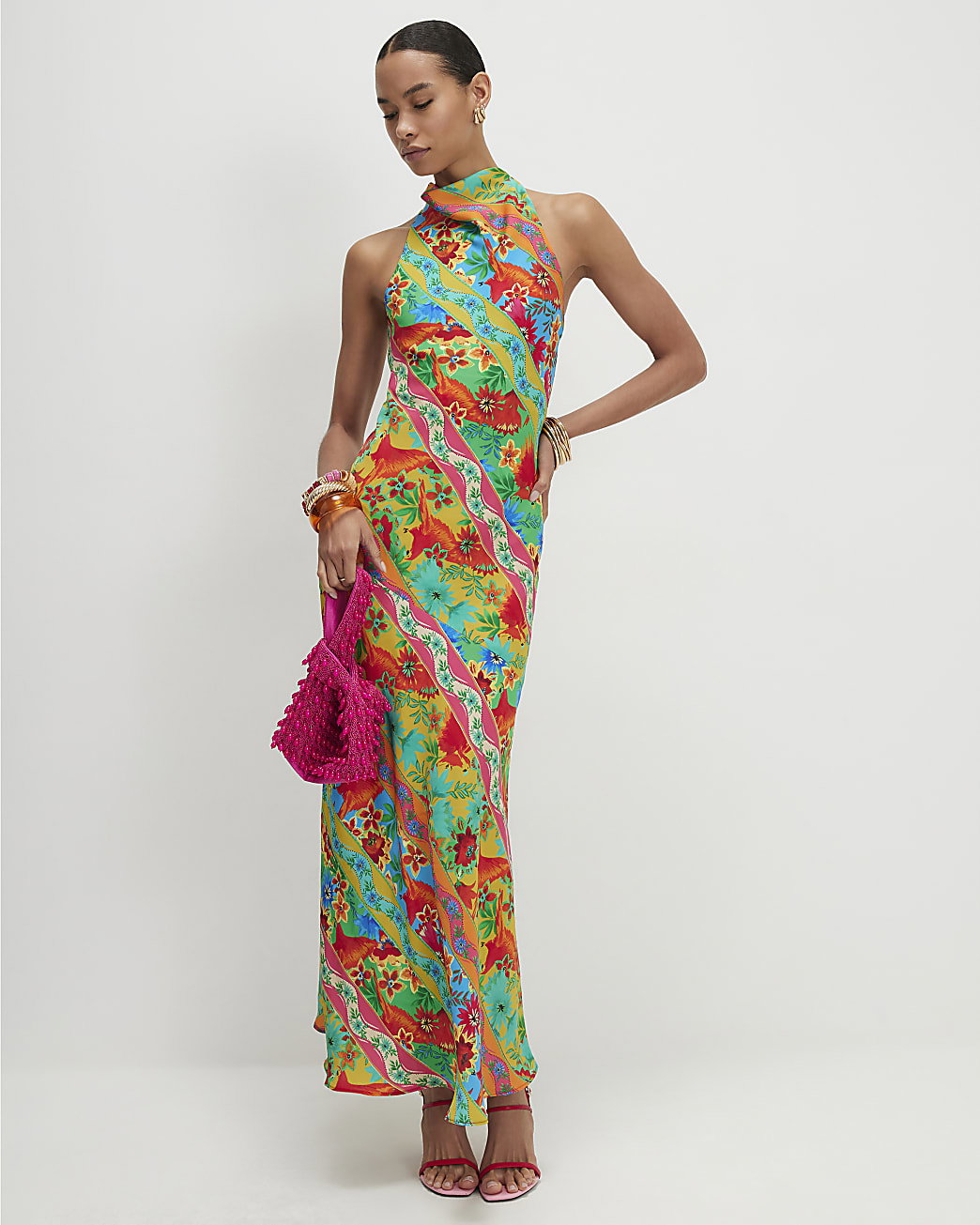 Womens Orange Tropical Print Halter Neck Maxi Dress