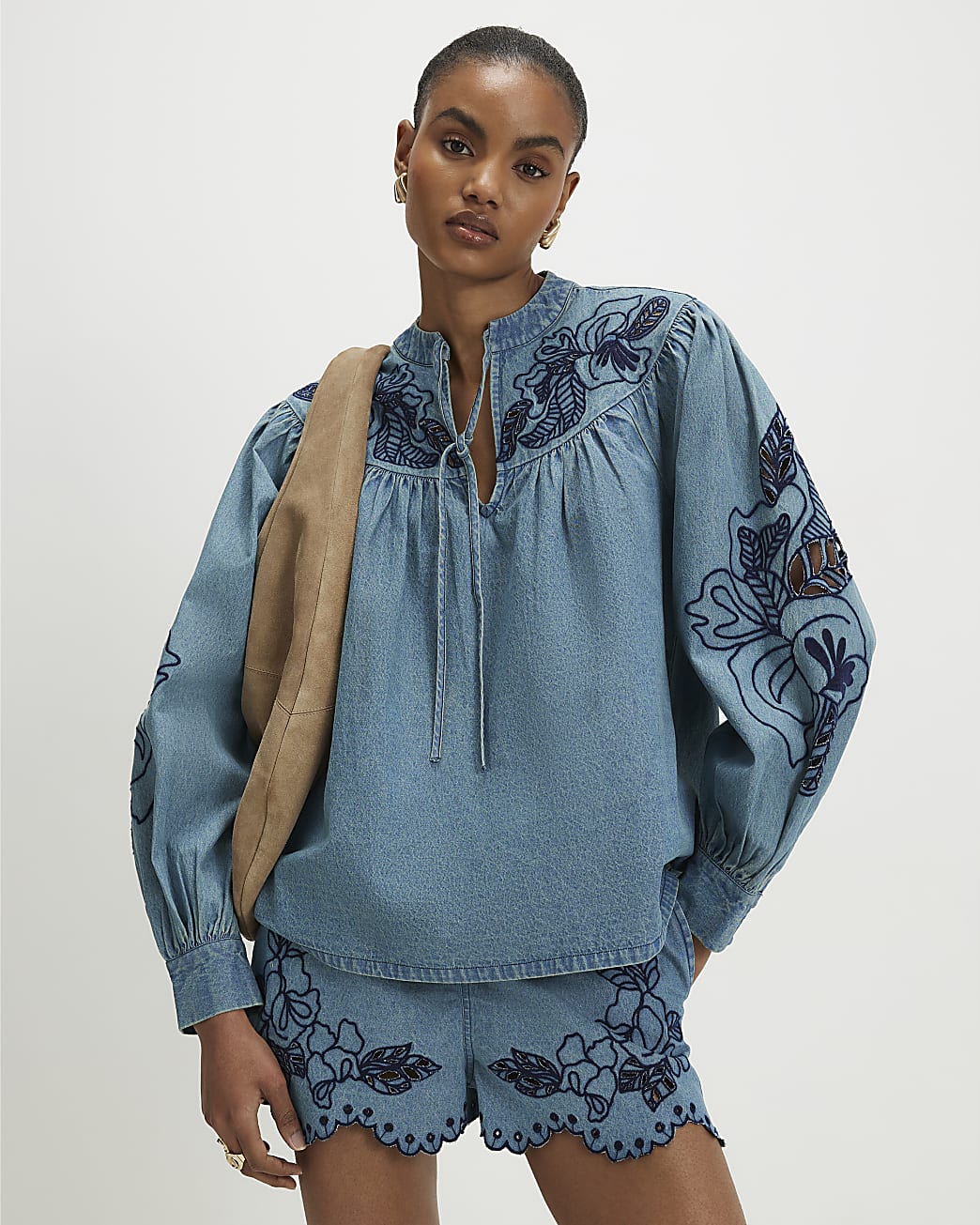 Womens Blue Cutwork Embroidered Denim Blouse