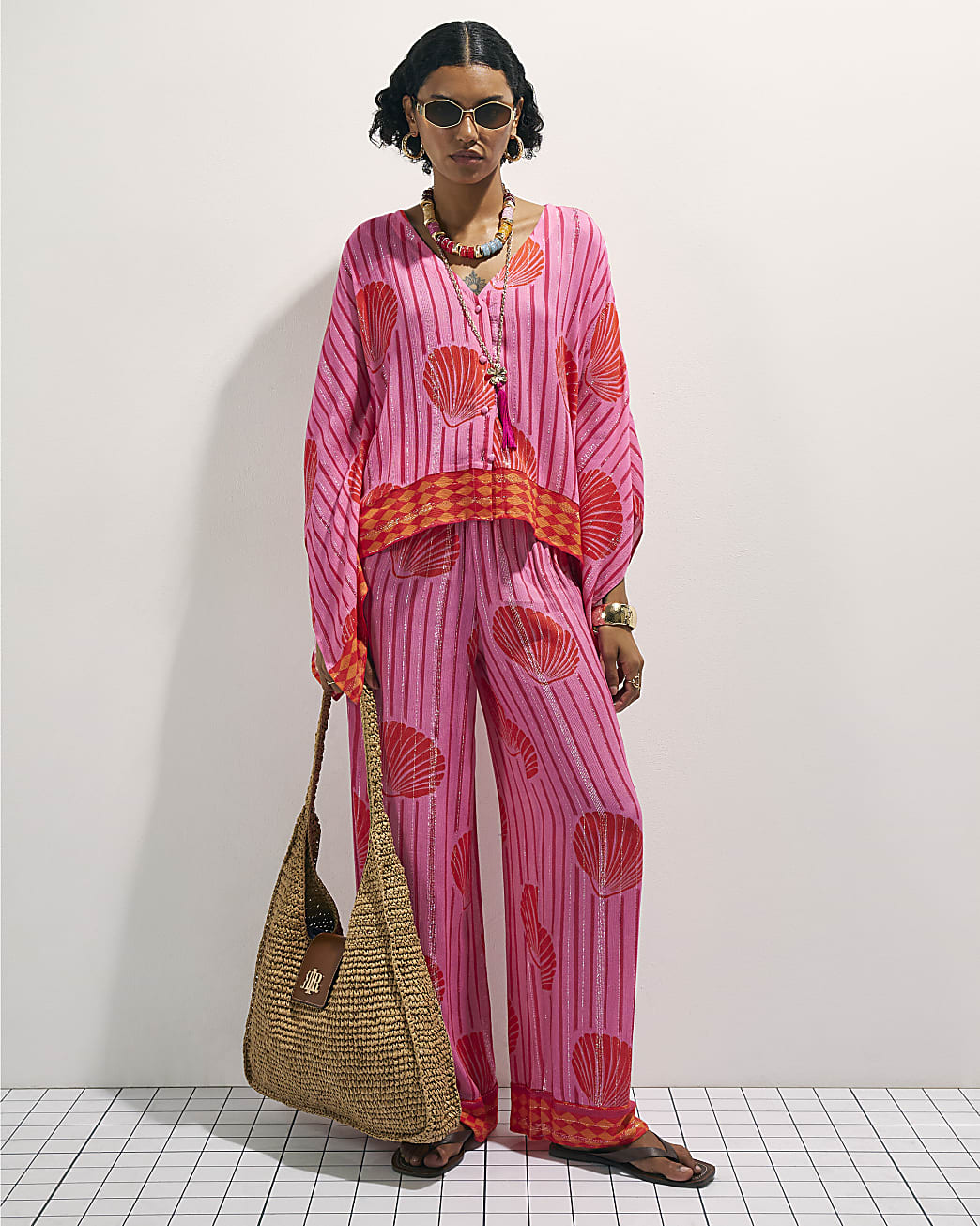Womens Pink Shell Print Wide Leg Trousers