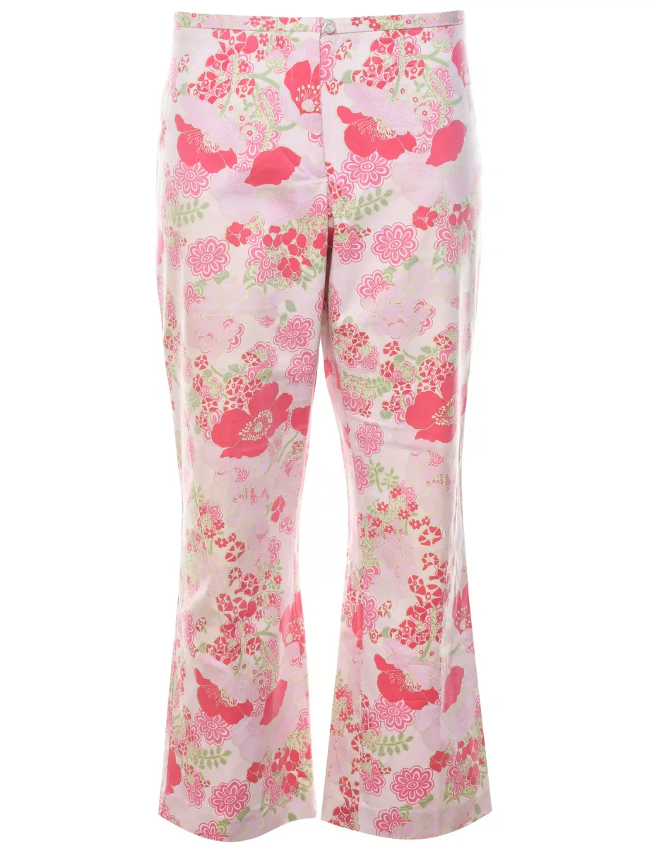 Image of Floral Print Light Green & Pink Y2K Flared Trousers - W32 L26