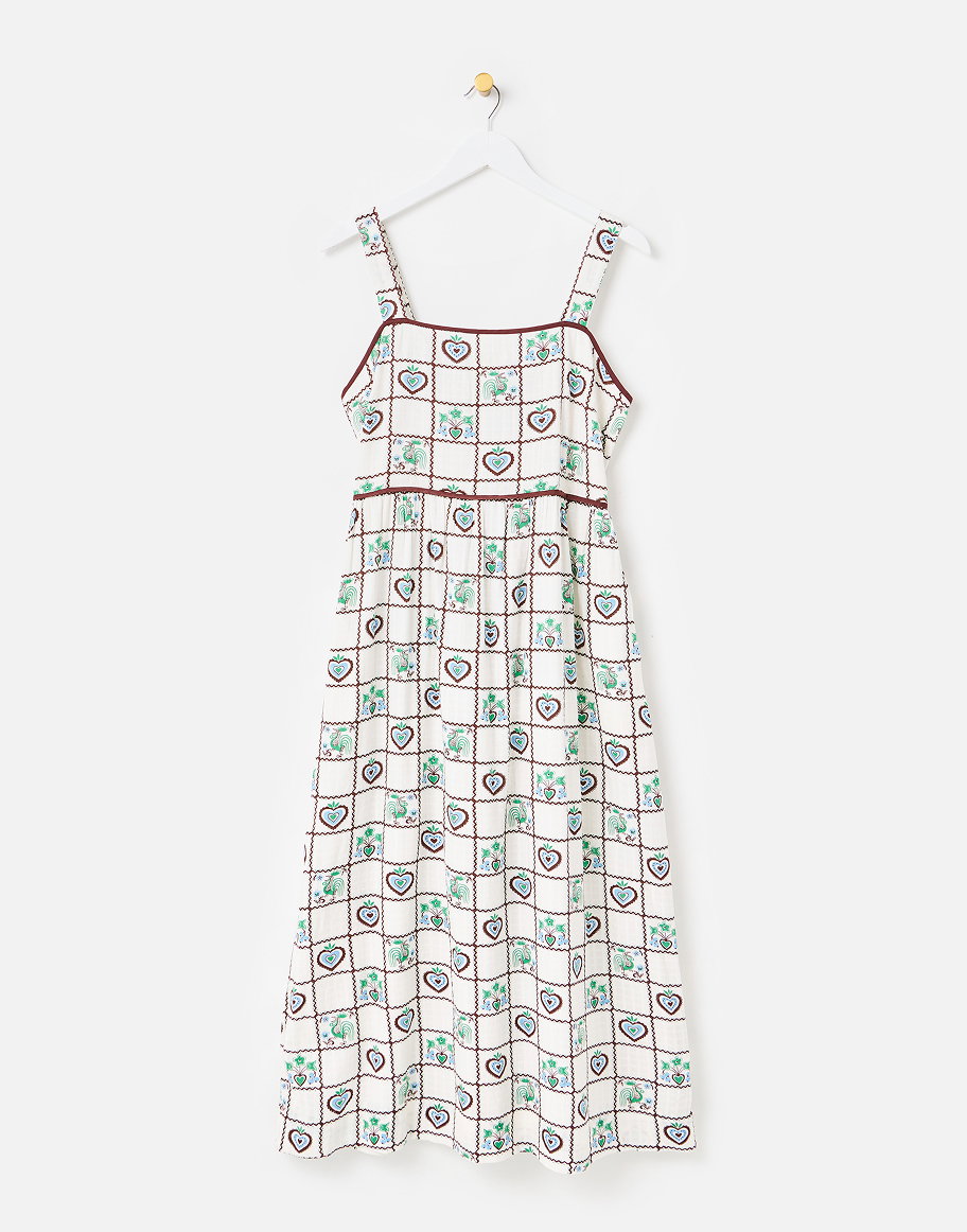 White & Brown Tile Print Strappy Midi Dress
