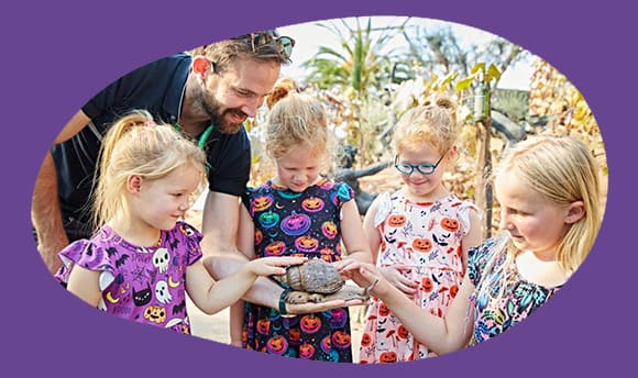 Children touching a giant snail