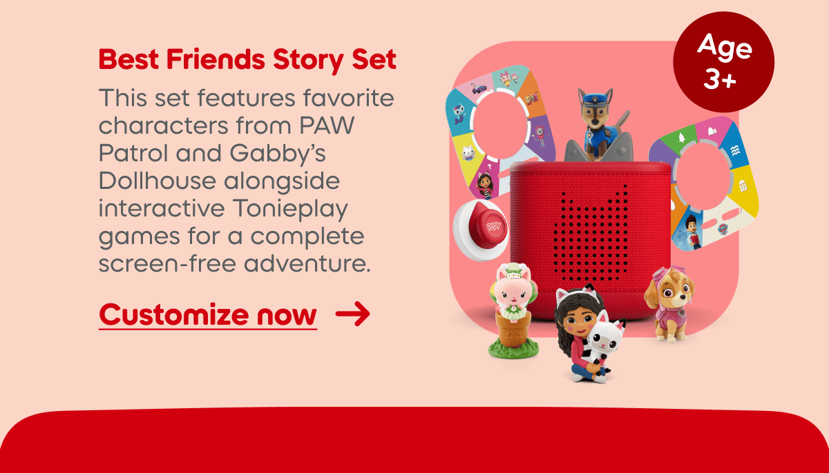This set features favorite characters from PAW Patrol and Gabby’s Dollhouse alongside interactive Tonieplay games for a complete screen-free adventure.