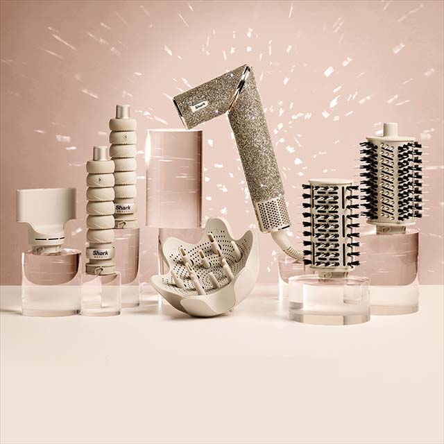 Shark hair styling tools displayed with a text: 'The Ultimate Accessory Collection For All Hairkind.'