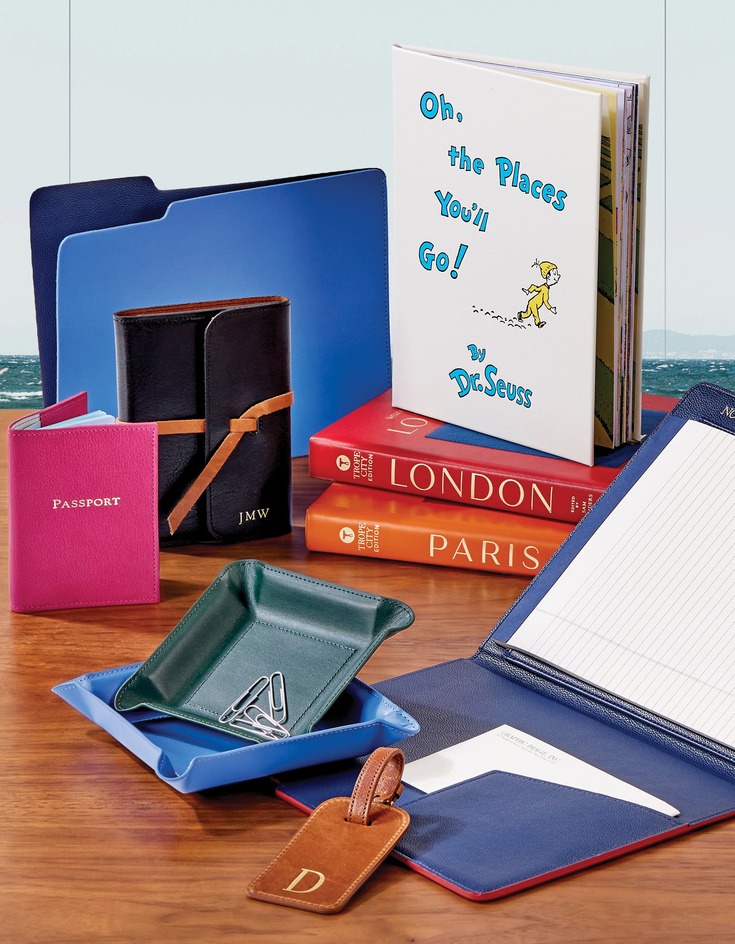 Leather-bound books and other leather goods, such as journals and travel accessories.
