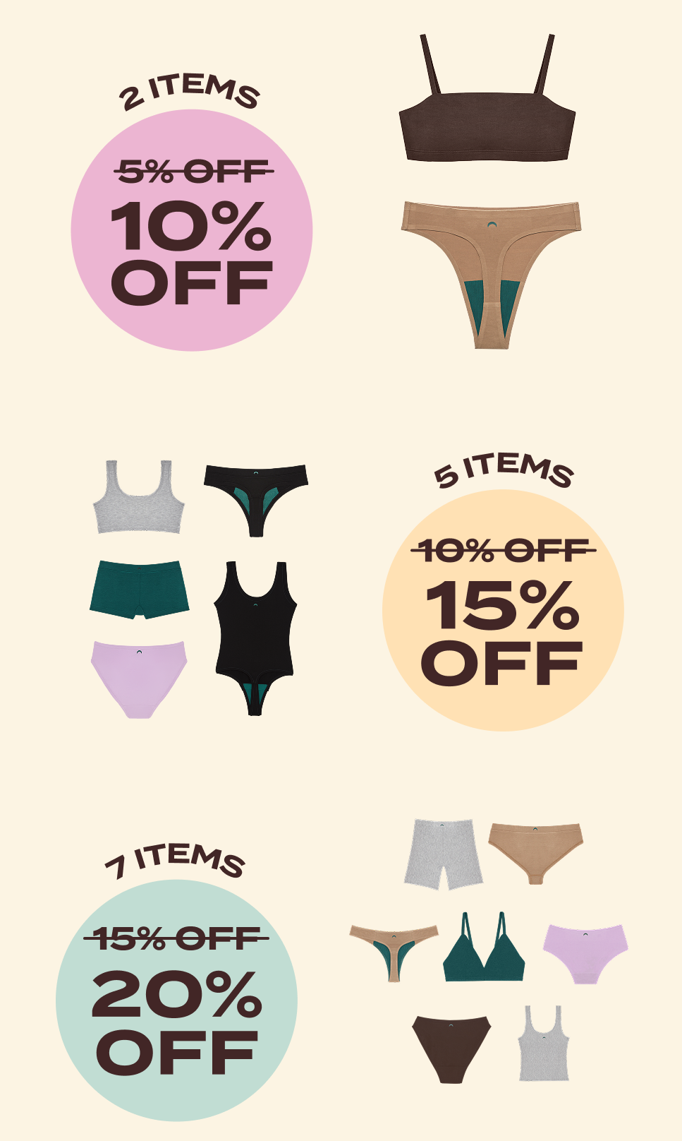 2+ items: now 10% off. 5+ items: now 15% off. 7+ items: 20% off.