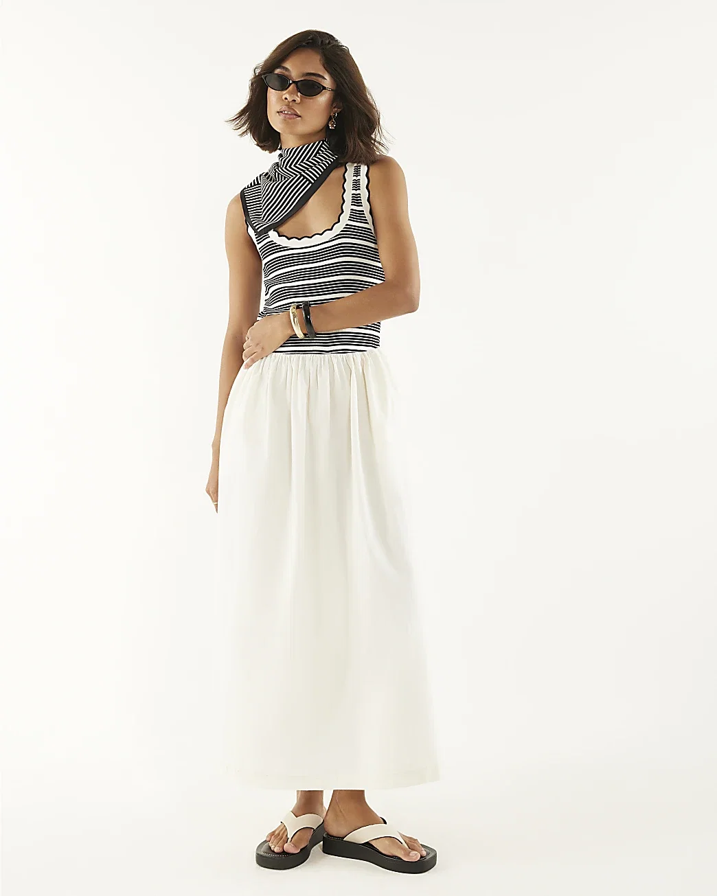 Womens White Sleeveless Striped Hybrid Midi Dress