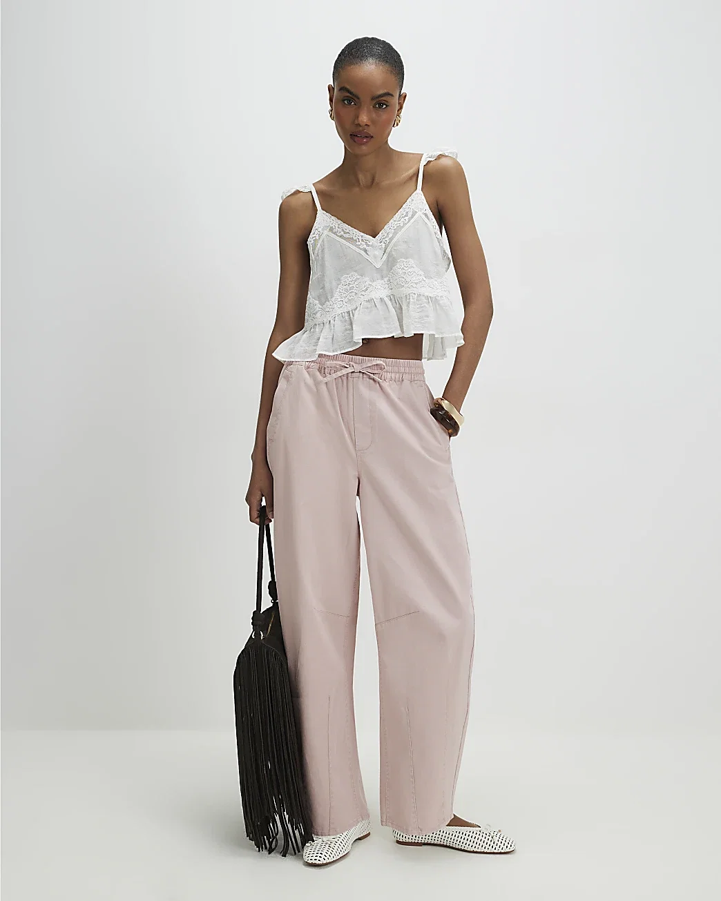 Womens Pink Denim Elasticated Tapered Trousers