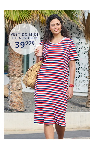 Vestido midi, rayas horizontales, forma en A, escote en V, media manga
