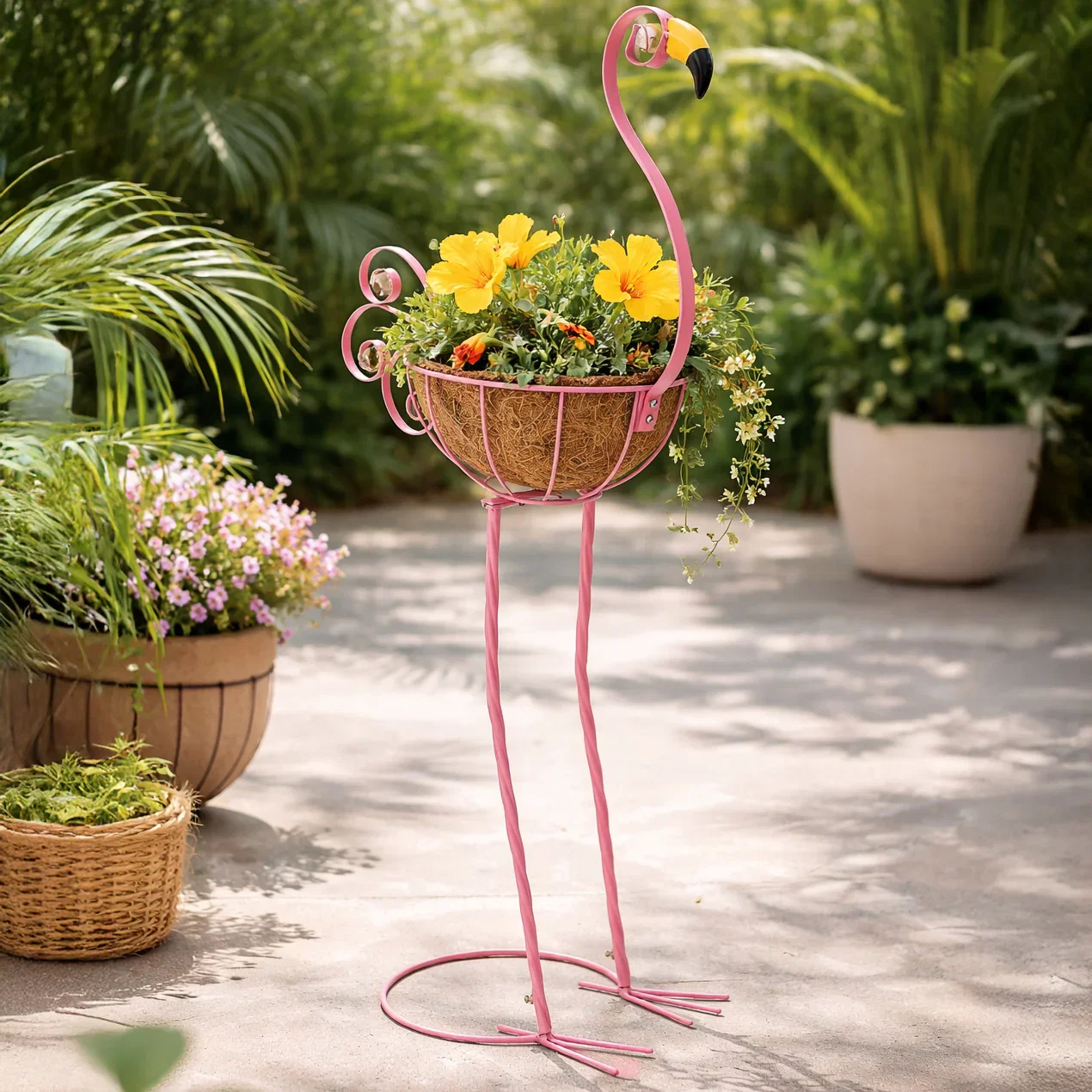 Image of Tropical Flamingo Metal Planter Stand with Basket