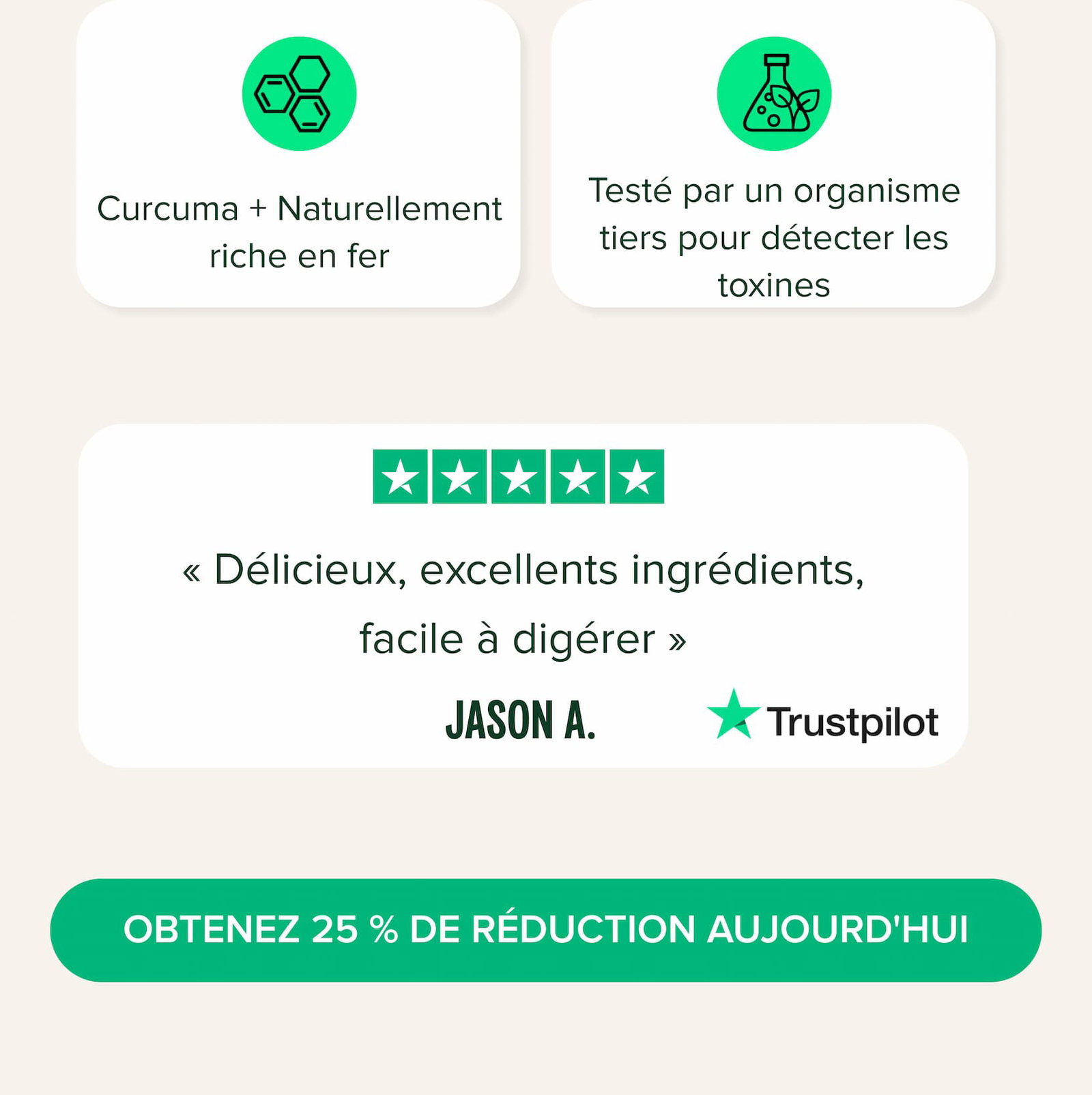Curcuma + Naturellement riche en fer Testé par un organisme tiers pour détecter les toxines