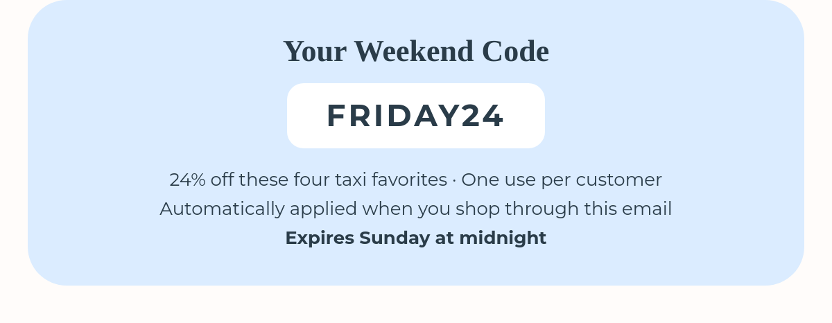 Discount code FRIDAY24 and details
