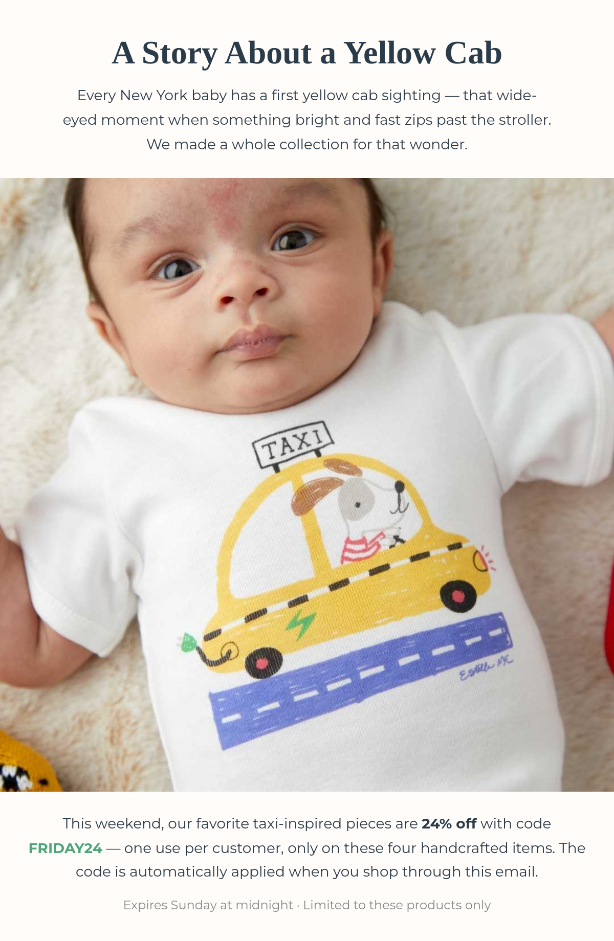 Lifestyle photo of baby with Estella taxi-themed baby gifts