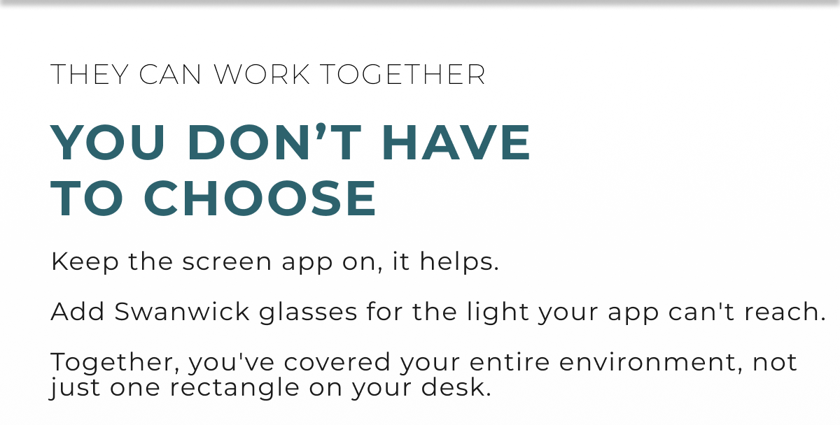 They can work together. You don't have to choose.  Keep the screen app on, it helps.   Add Swanwick glasses for the light your app can't reach.   Together, you've covered your entire environment, not just one rectangle on your desk.