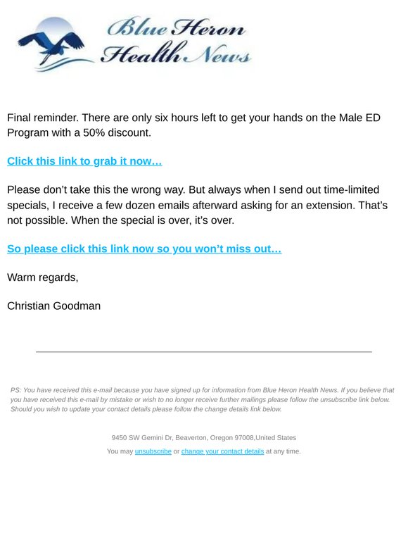 Only 6 hours left – Male ED Program- 50% Discount