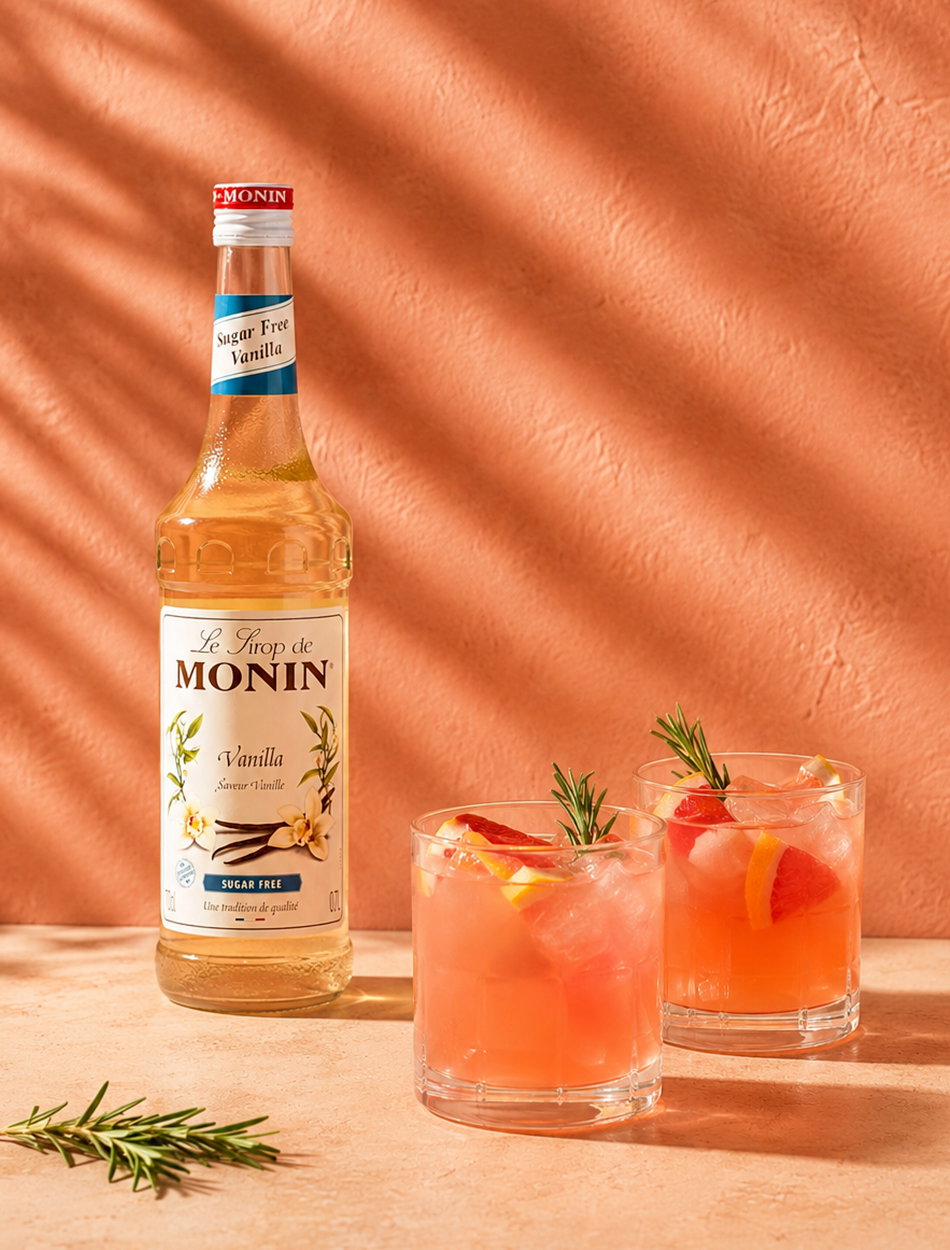 Bottle of Monin sugar-free vanilla syrup beside two pink citrus cocktails garnished with rosemary on a peach backdrop