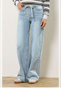 Light Blue Wash Tie Waist Cotton Wide Leg Jeans