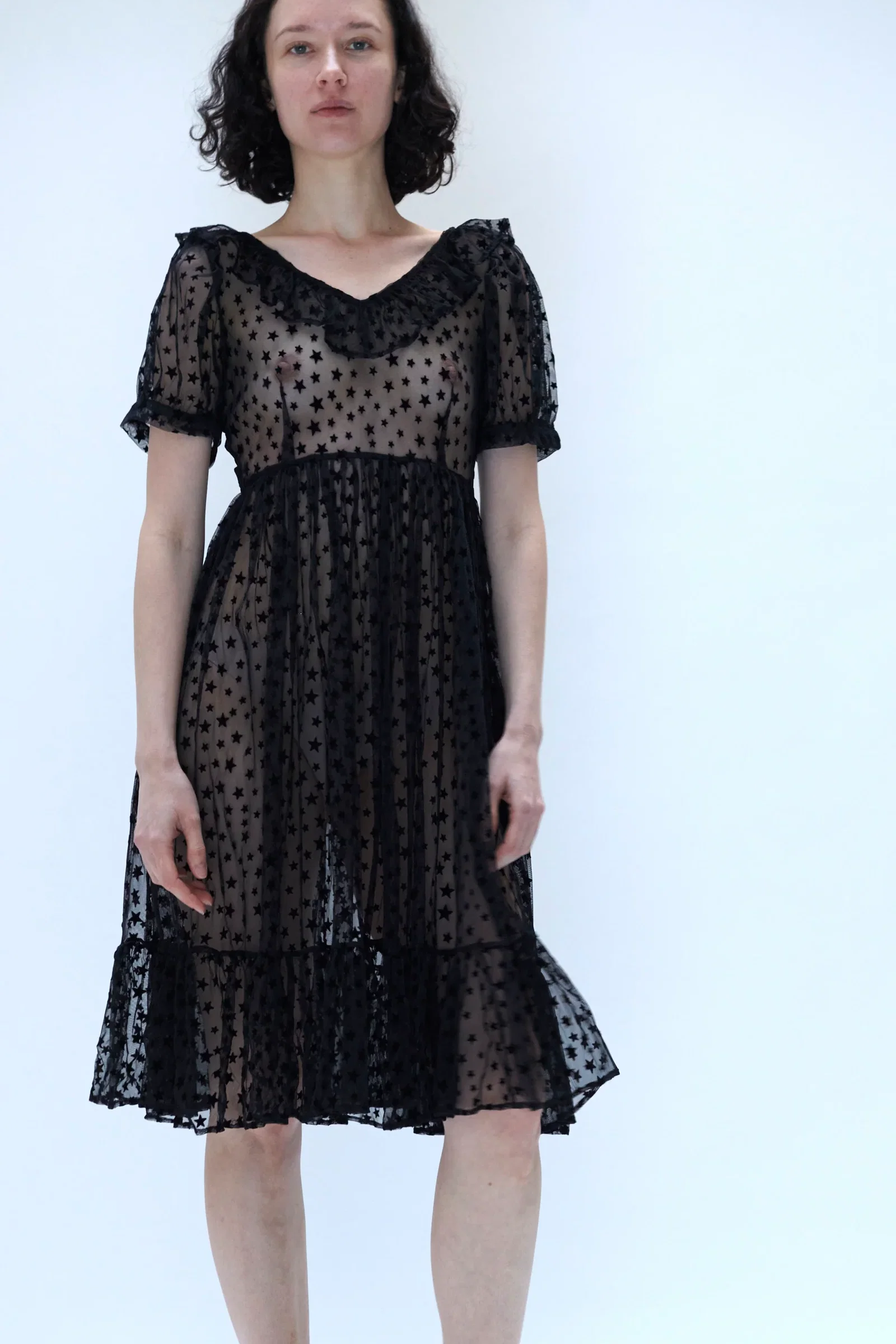 Image of Ruffle May Dress in Black Flocked Star
