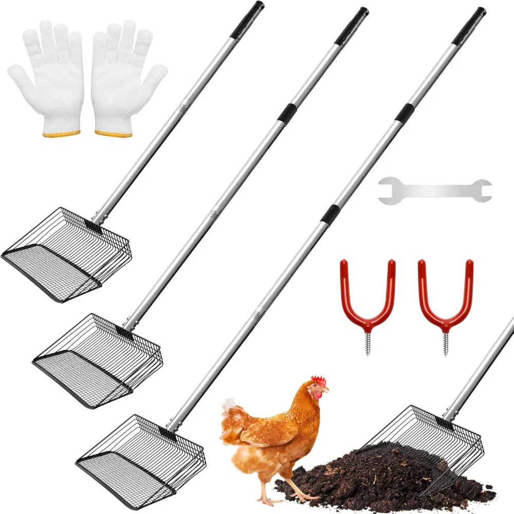 3-in-1 Chicken Coop Scooper – Adjustable Long Handle Use – Metal Sifting Shovel for Poultry Litter Cleaning – Durable Farming Tool