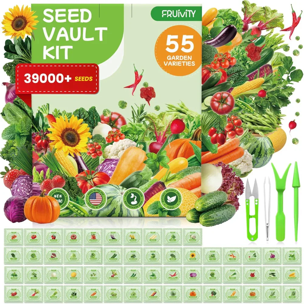 55-Pack Vegetable & Fruit Seeds – 39,000+ Heirloom Varieties – Non-GMO Garden Planting Use – Outdoor Growing Seed Kit