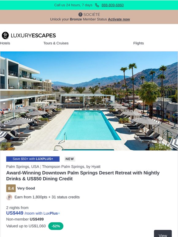 Award-Winning Palm Springs Retreat w. Nightly Drinks & US$50 Dining Credit