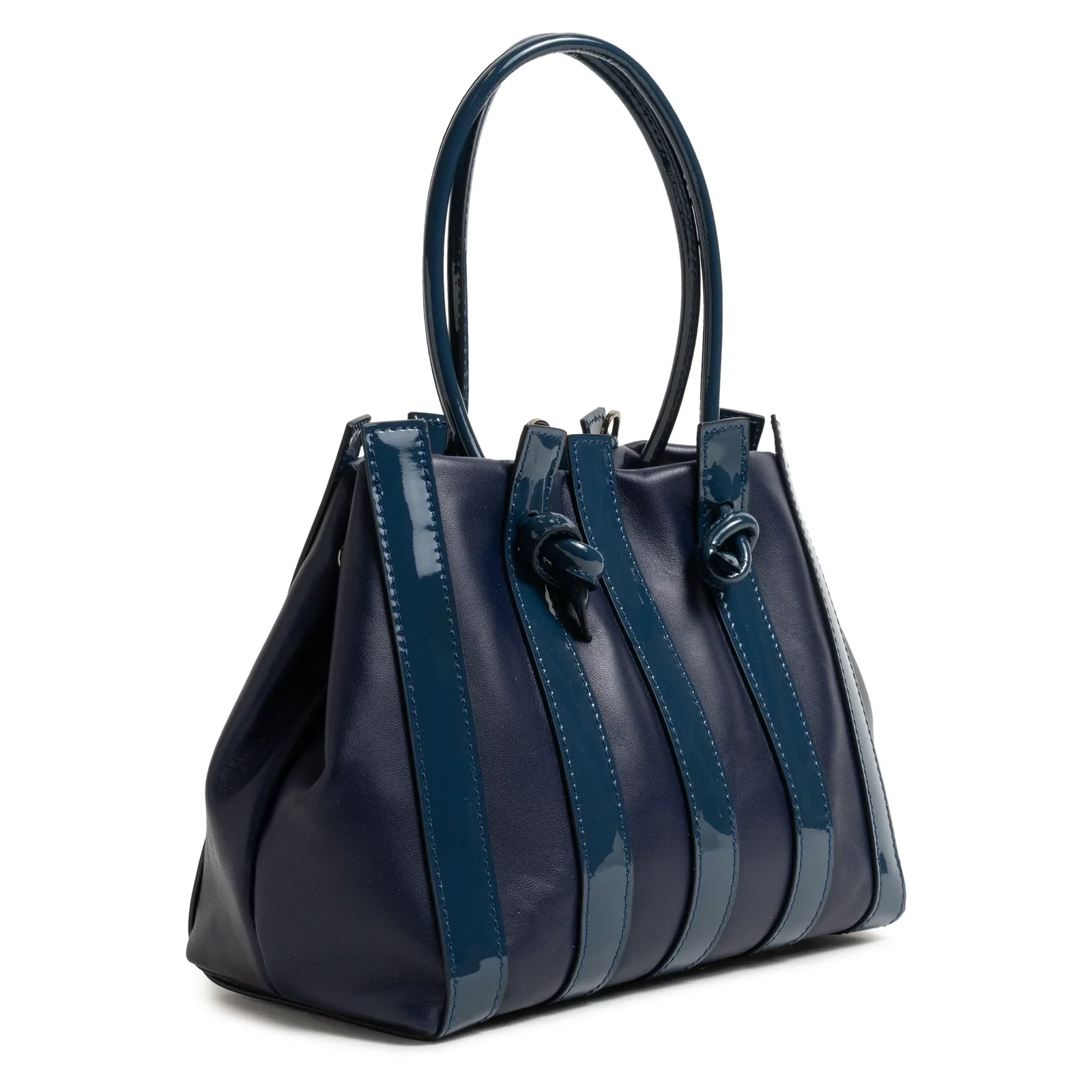 Image of Stripes Medium Shopping Bag in Carta da Zucchero Nappa and Patent Leather