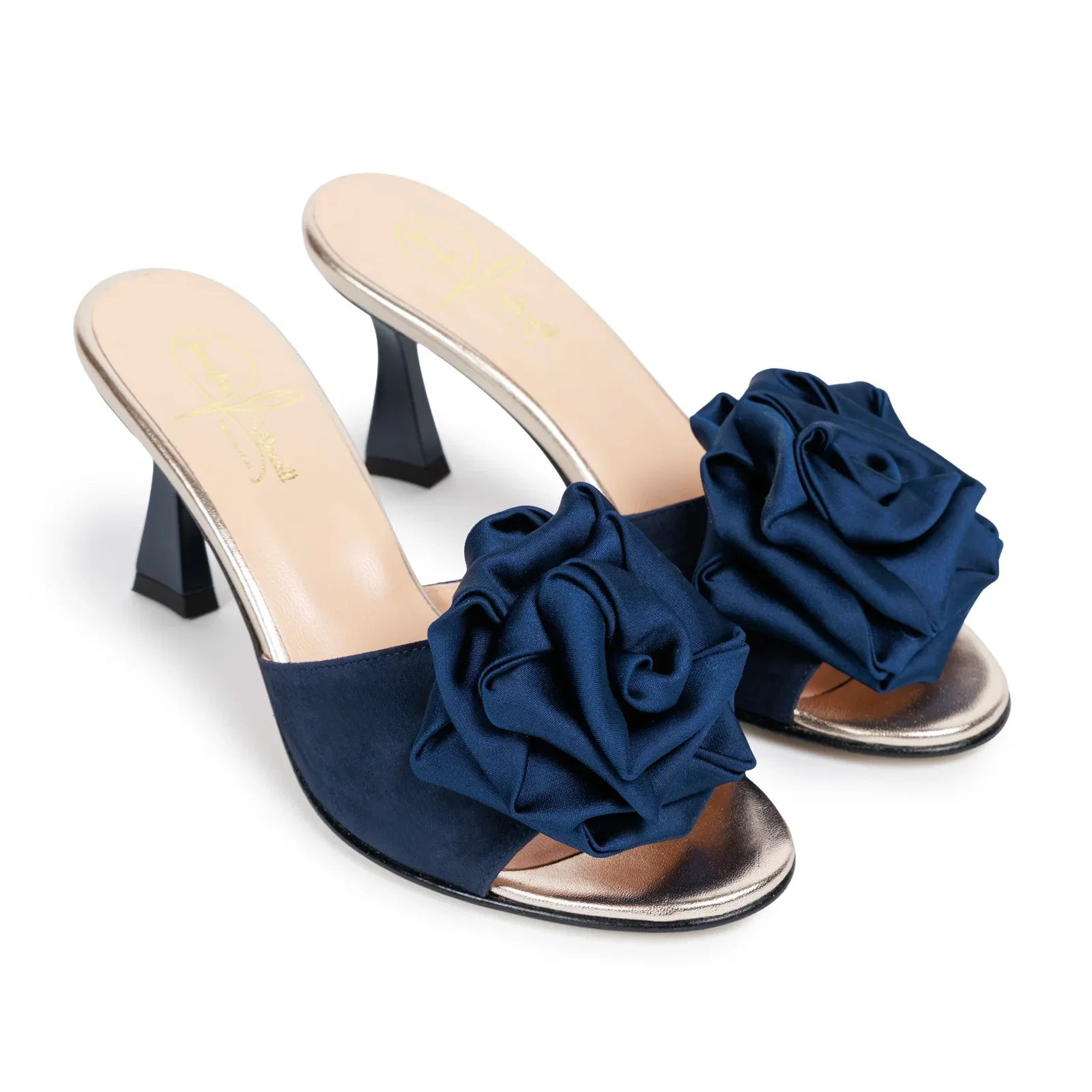 Image of Women Satin Rose Slip-on in Deep Blue Suede