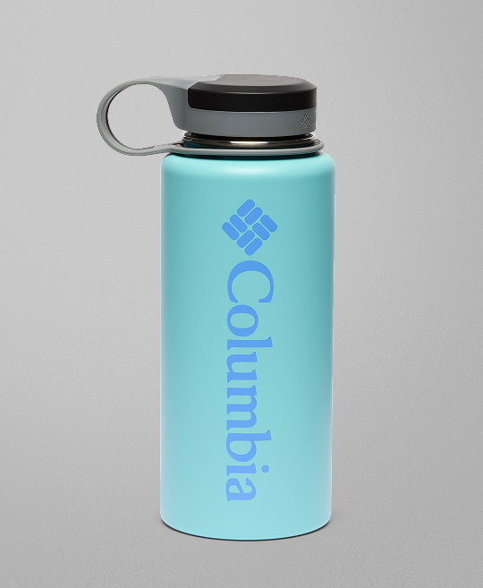 A bright teal steel water bottle with a Columbia logo. on the side against a grey background.