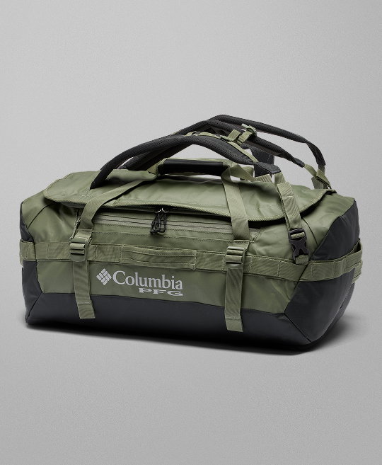 A green duffel against a grey background.