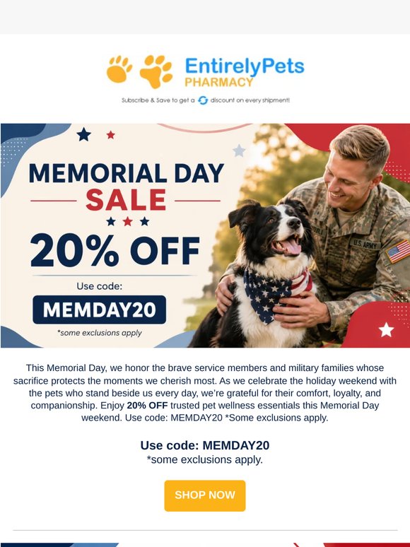 Enjoy 20% OFF This Memorial Day Weekend! 🐶😺🎉