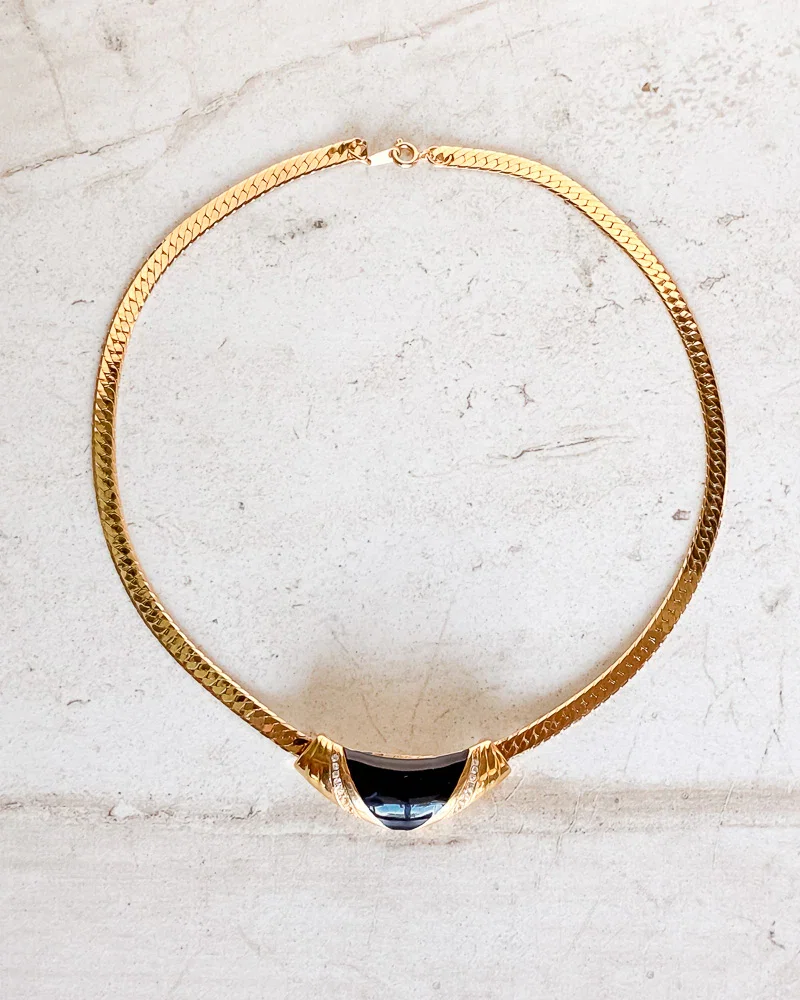 Image of Vintage Signed curved black enamel pendant gold-tone chain necklace