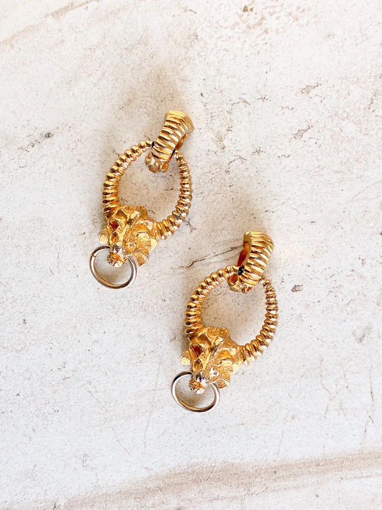 Image of Vintage Gold Plate Lions Head Dangle Hoop Clip On Earrings