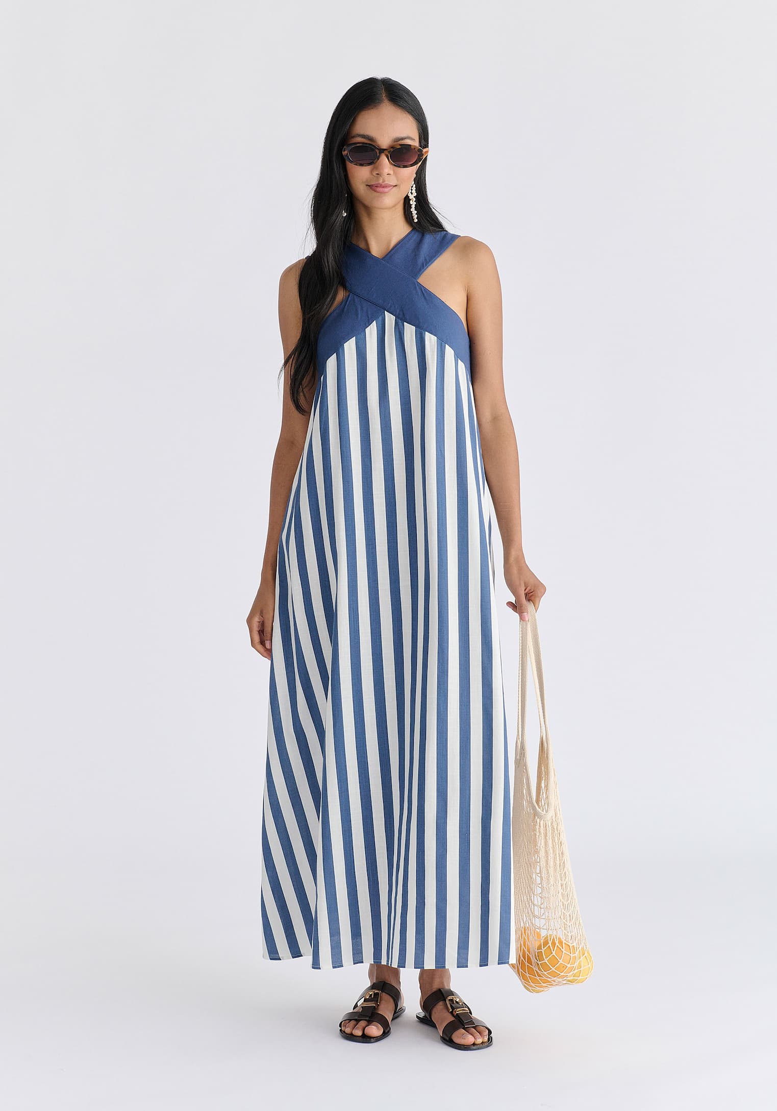 Cross Strap Halterneck Maxi Dress in Blue and White