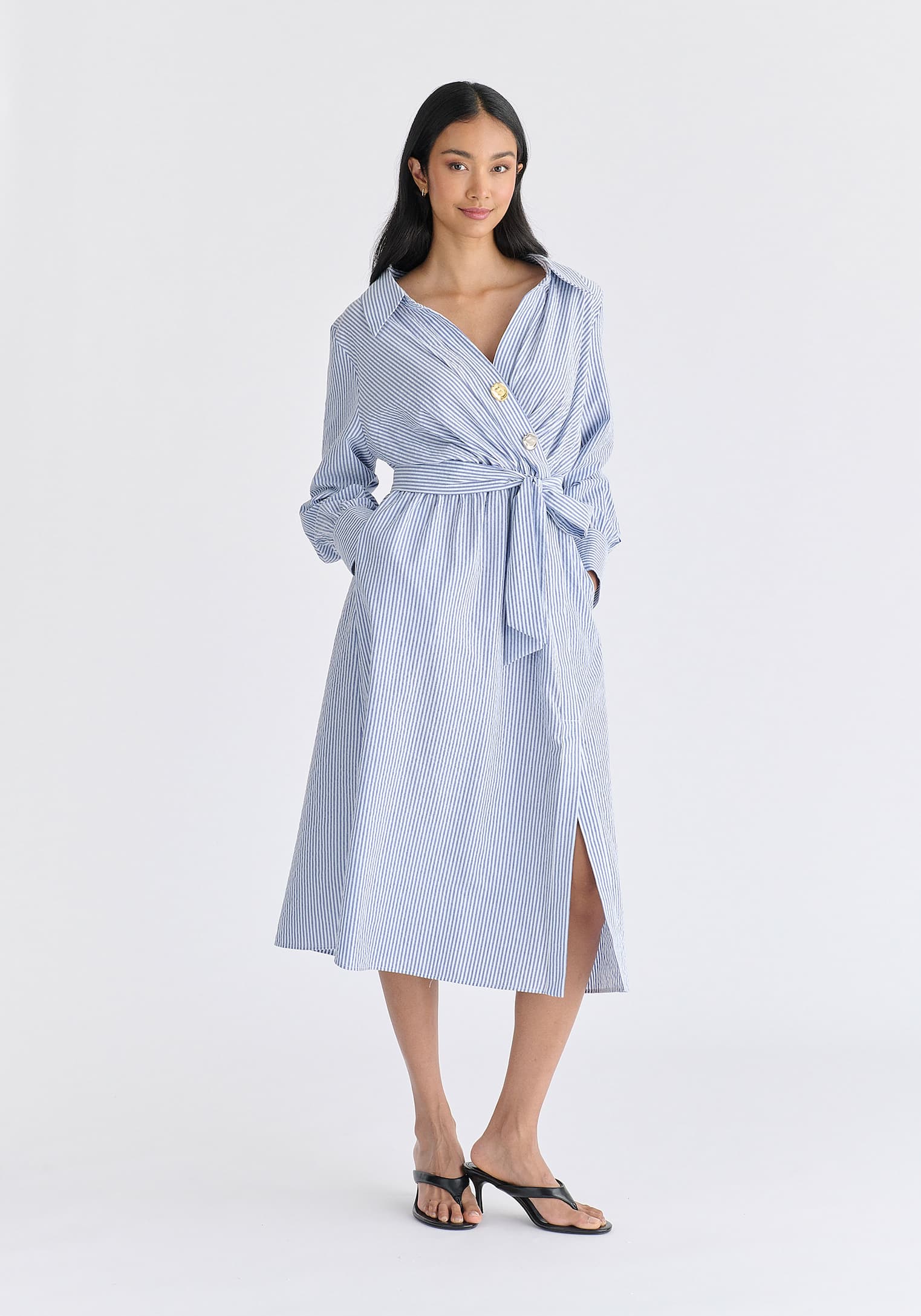 Wrap Midi Shirt Dress with Metallic Button Details in Blue Stripes