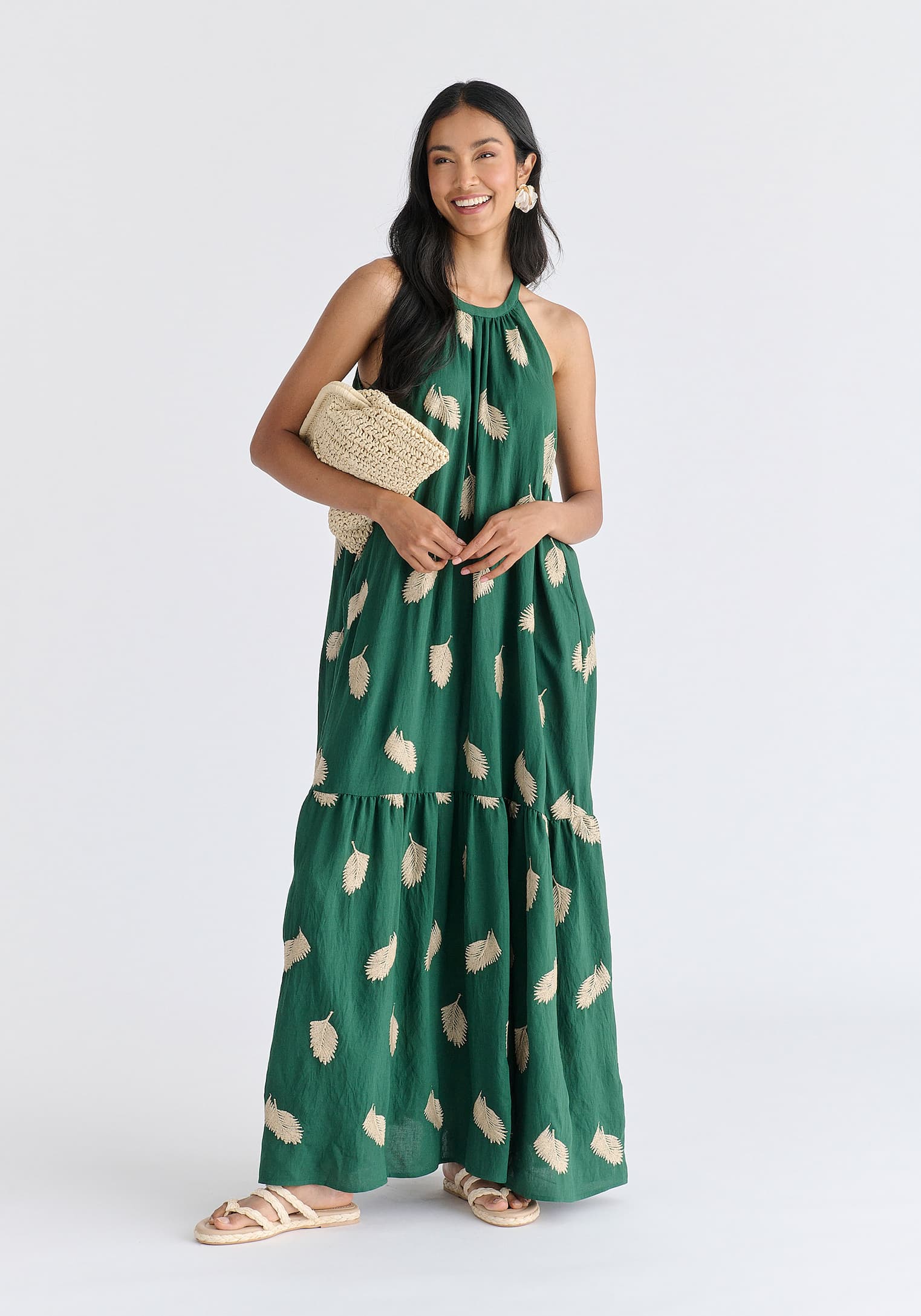 Leaf Embroidered Kimono Sleeves Midi Dress in Green