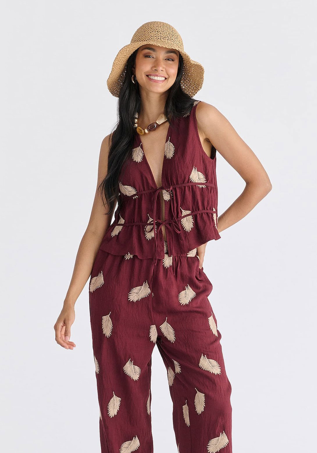 Leaf Embroidered Tie Front Waistcoat in Burgundy
