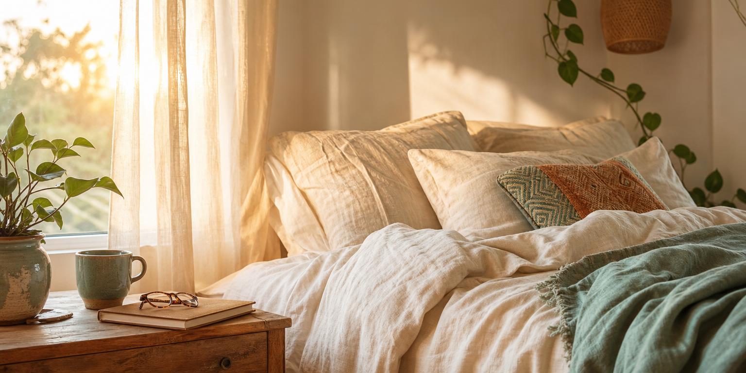 Sunlit bedroom with a rumpled bed, tea mug, journal, and peaceful morning light