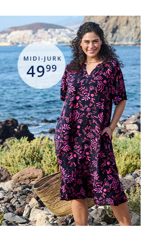 Midi-jurk, zeemotieven, tuniekhals, korte klokmouwen