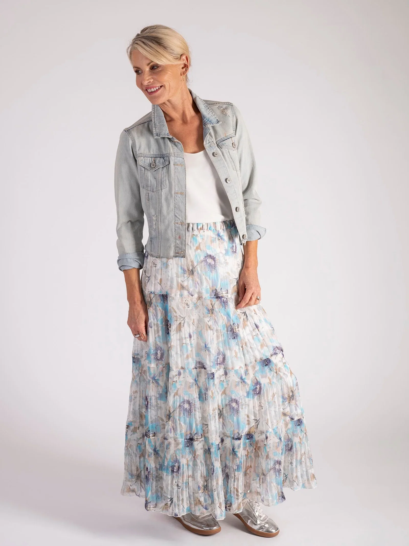 Image of Ivory/Sky/Sand Floral Pleated Tiered Skirt