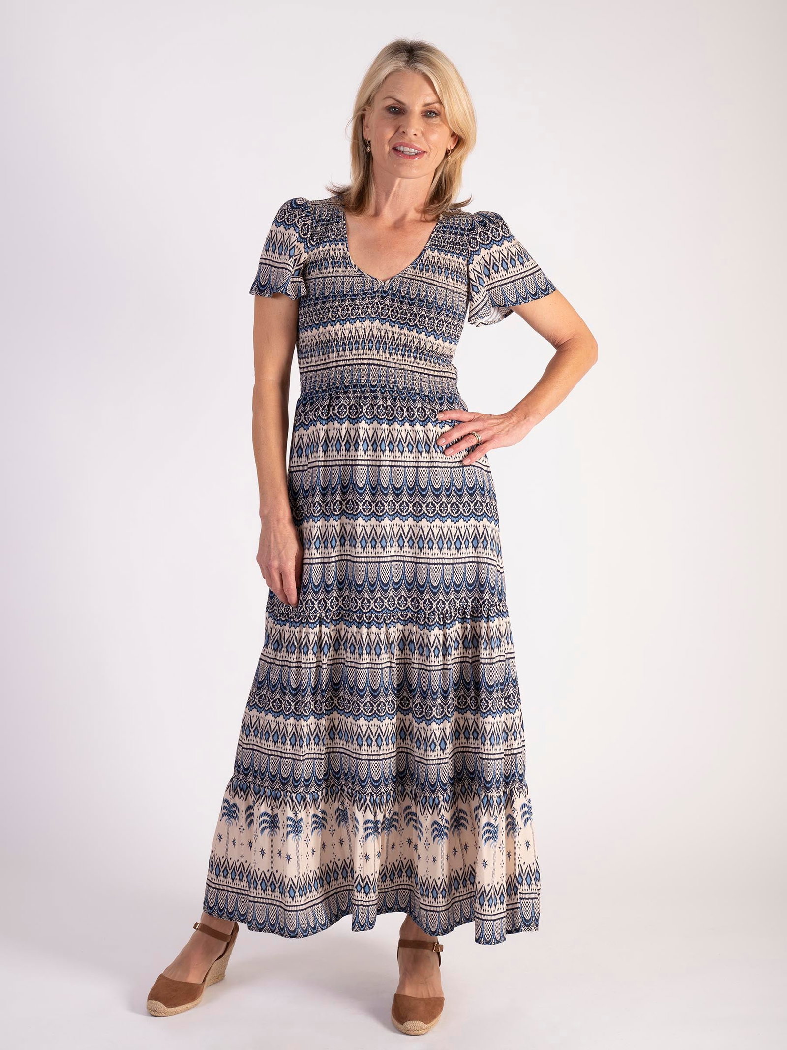 Image of Sand/Blue Striped Tropical Geometric Print Tiered Maxi Dress