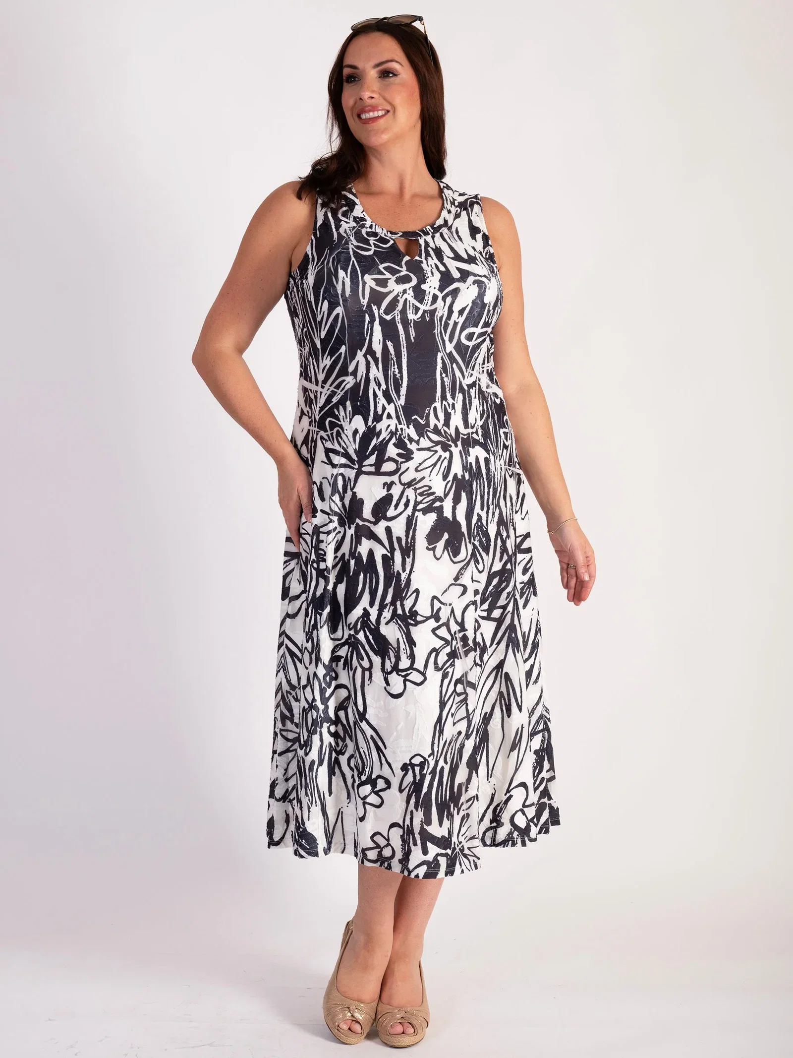 Image of Black/White Scribble Flowers Mesh Cut-Out Detail Sleeveless Dress