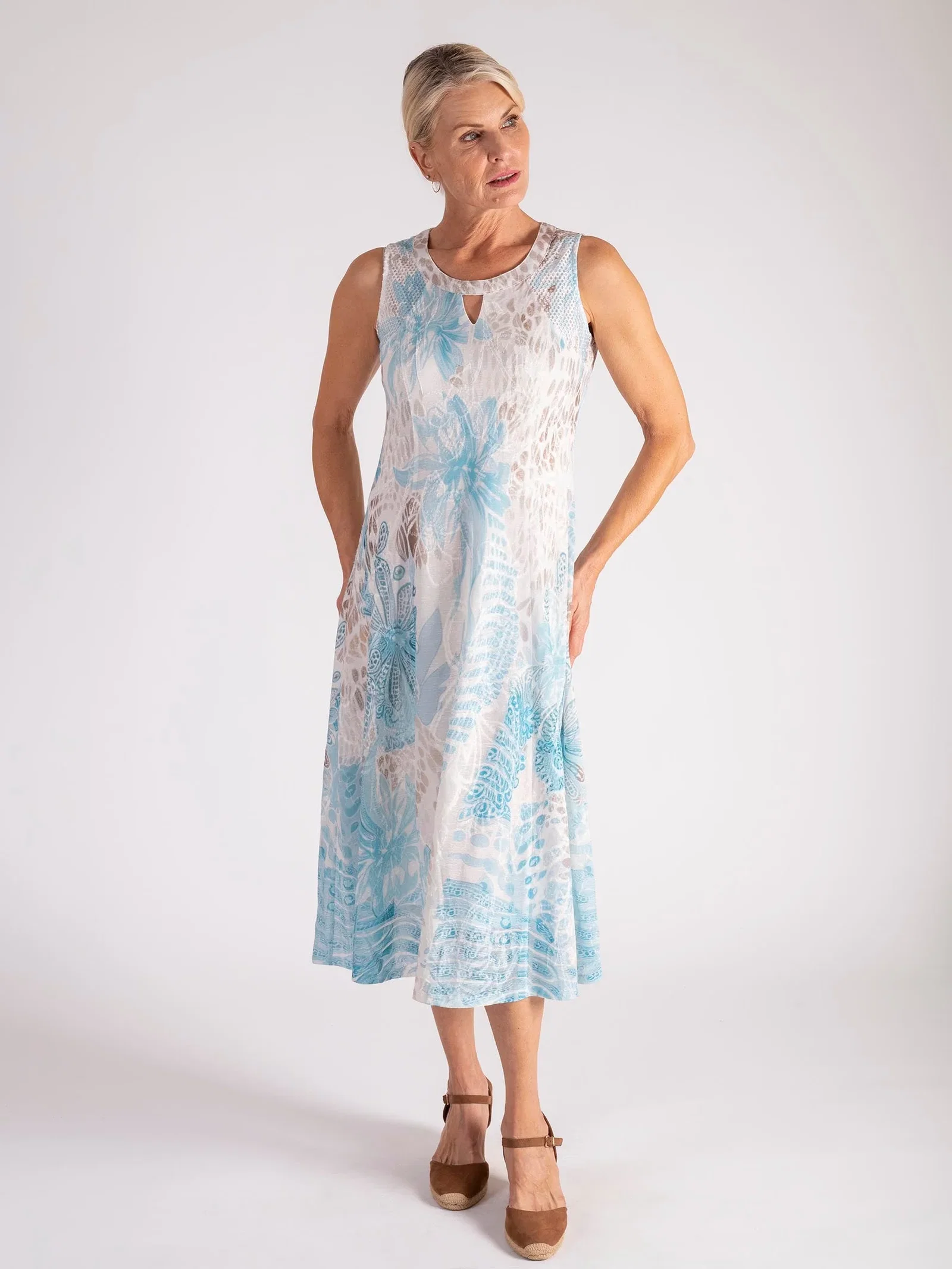 Image of Sand/Sky Tropical Dawn Print Sleeveless Burnout Dress