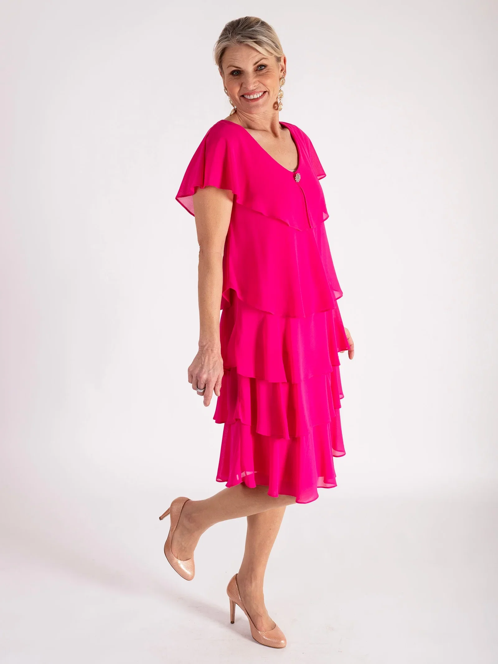 Image of Pink Chiffon Multi Tiered Dress With Diamante Detail