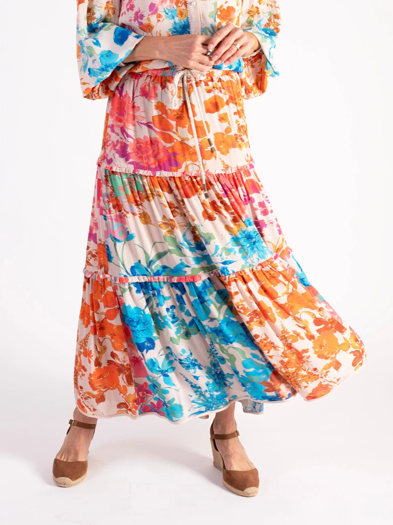 Image of Pink/Orange Botanical  Print Tiered Maxi Skirt