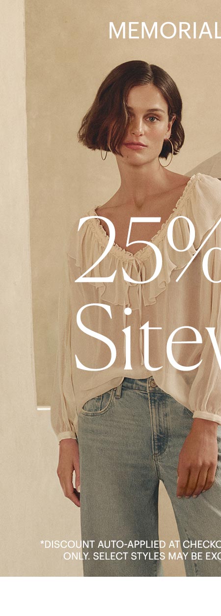 Woman in a light peach long sleeve silk blouse with light wash high rise jeans and man in cotton-linen jacket and pant set, standing together in front of a sunlit beige stone wall. Memorial Day Sale - 25% Off Sitewide. Discount auto-applied at checkout. Online and in U.S. PAIGE stores only. Select styles may be excluded. No price adjustments. Shop women's new arrivals.